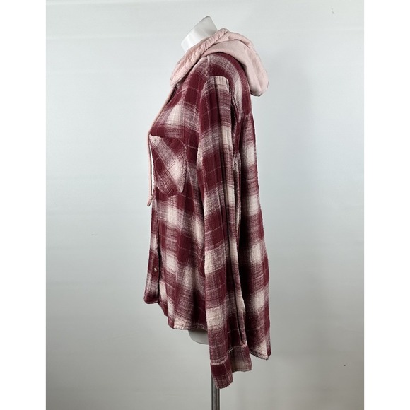 Time and Tru Burgundy & Pink Plaid Flannel Button Up Hoodie Shirt Women's XL - Picture 7 of 10
